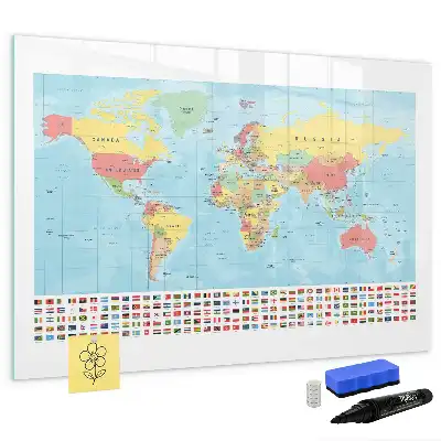 Glazen magneetbord met wereldkaart beschrijfbaar ontwerp van een geografische wereldkaart