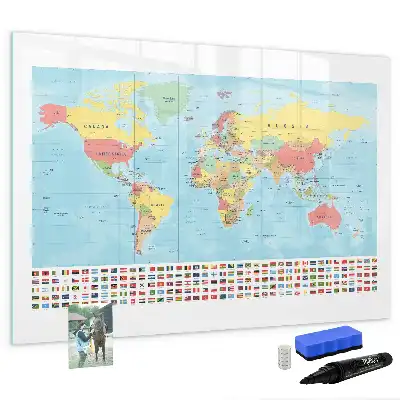 Glazen magneetbord met wereldkaart beschrijfbaar ontwerp van een geografische wereldkaart