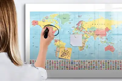Glazen magneetbord met wereldkaart beschrijfbaar ontwerp van een geografische wereldkaart