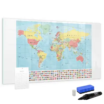 Glazen magneetbord met wereldkaart beschrijfbaar ontwerp van een geografische wereldkaart