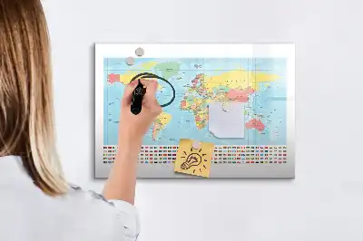 Glazen magneetbord met wereldkaart beschrijfbaar ontwerp van een geografische wereldkaart