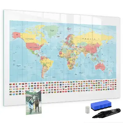 Glazen magneetbord met wereldkaart beschrijfbaar ontwerp van een geografische wereldkaart