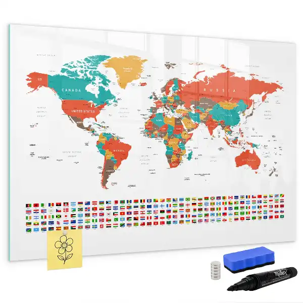 Magnetisch glazen schrijfbord met wereldkaart in kleur