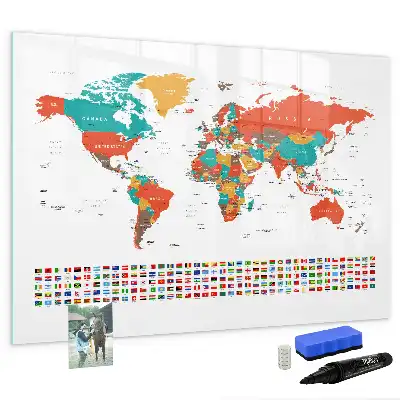 Magnetisch glazen schrijfbord met wereldkaart in kleur