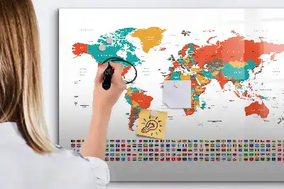 Magnetisch glazen schrijfbord met wereldkaart in kleur