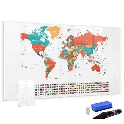 Magnetisch glazen schrijfbord met wereldkaart in kleur