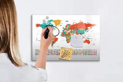 Magnetisch glazen schrijfbord met wereldkaart in kleur