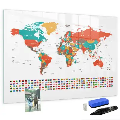 Magnetisch glazen schrijfbord met wereldkaart in kleur
