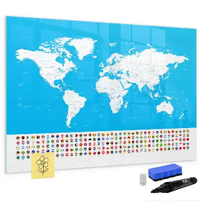 Beschrijfbaar glazen magneetbord met design van een wereldkaart