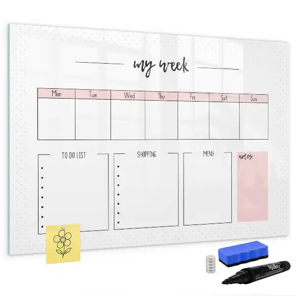 Beschrijfbaar glazen magneetbord met weekplanner design