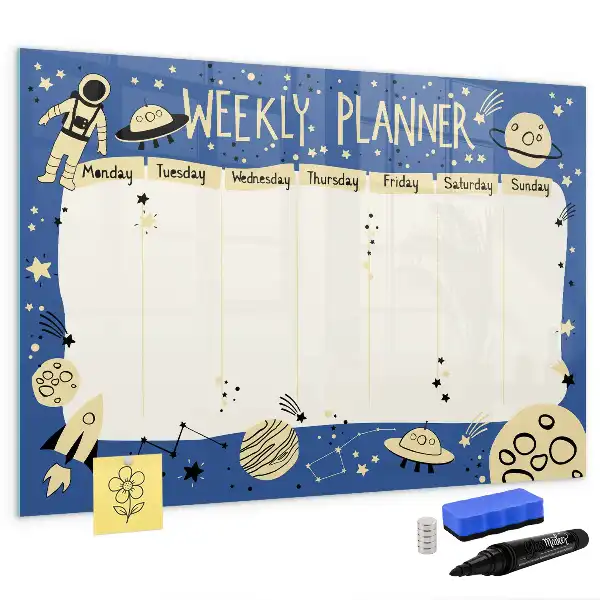 Magnetisch glazen memobord ontwerp met kosmische weekplanner