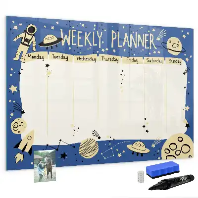 Magnetisch glazen memobord ontwerp met kosmische weekplanner