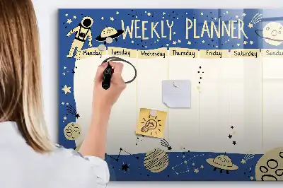 Magnetisch glazen memobord ontwerp met kosmische weekplanner