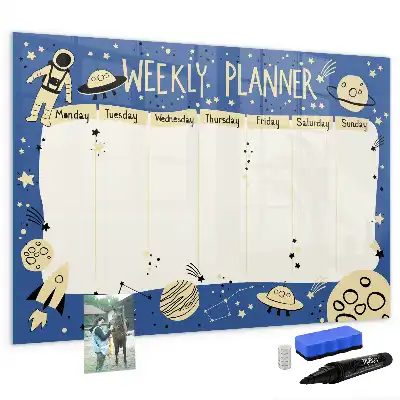 Magnetisch glazen memobord ontwerp met kosmische weekplanner