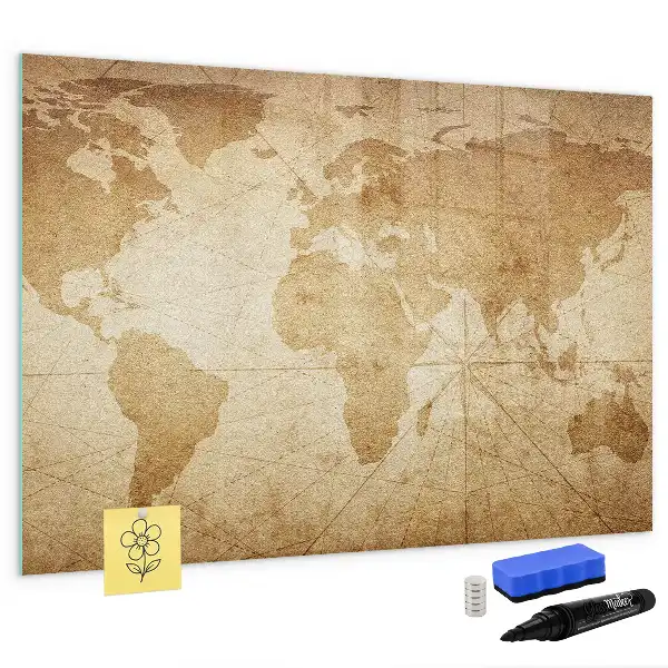 Beschrijfbaar glazen magneetbord met vintage wereldkaart design