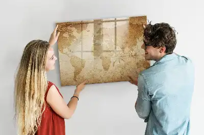 Beschrijfbaar glazen magneetbord met vintage wereldkaart design