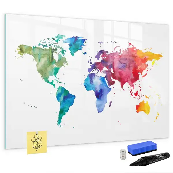 Glazen magneetbord met aquarel wereldkaart beschrijfbaar designbord