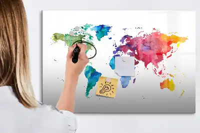 Glazen magneetbord met aquarel wereldkaart beschrijfbaar designbord