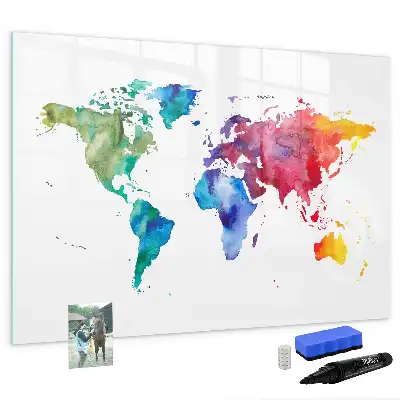 Glazen magneetbord met aquarel wereldkaart beschrijfbaar designbord