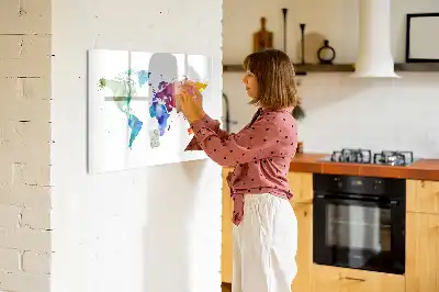 Glazen magneetbord met aquarel wereldkaart beschrijfbaar designbord