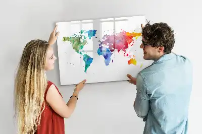 Glazen magneetbord met aquarel wereldkaart beschrijfbaar designbord