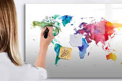 Glazen magneetbord met aquarel wereldkaart beschrijfbaar designbord