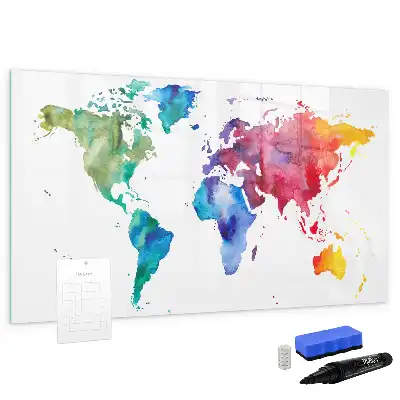 Glazen magneetbord met aquarel wereldkaart beschrijfbaar designbord