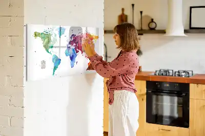 Glazen magneetbord met aquarel wereldkaart beschrijfbaar designbord