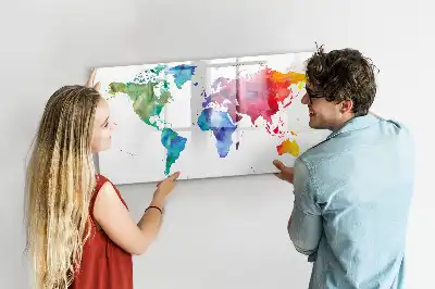 Glazen magneetbord met aquarel wereldkaart beschrijfbaar designbord