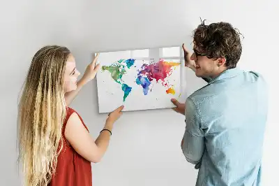 Glazen magneetbord met aquarel wereldkaart beschrijfbaar designbord