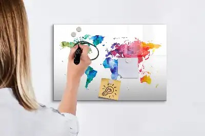 Glazen magneetbord met aquarel wereldkaart beschrijfbaar designbord