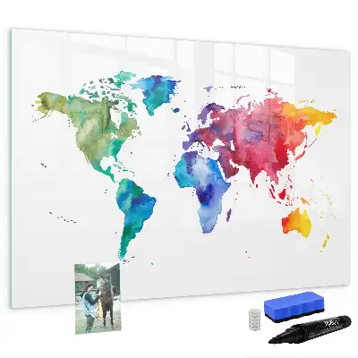 Glazen magneetbord met aquarel wereldkaart beschrijfbaar designbord