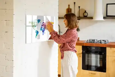 Glazen magneetbord met aquarel wereldkaart beschrijfbaar designbord