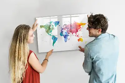 Glazen magneetbord met aquarel wereldkaart beschrijfbaar designbord