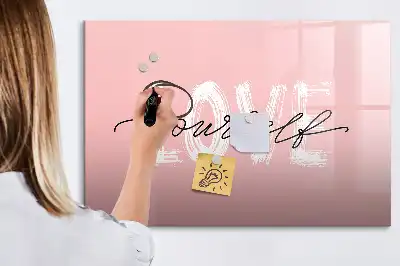 Beschrijfbaar glazen magneetbord met design met Hou van jezelf tekst