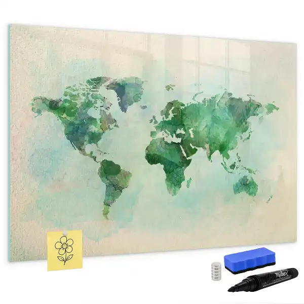 Beschrijfbaar glazen magneetbord met aquarel wereldkaart design