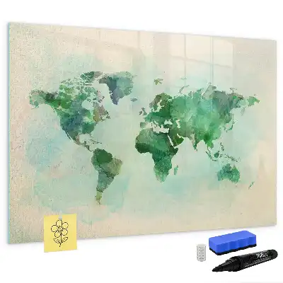 Beschrijfbaar glazen magneetbord met aquarel wereldkaart design