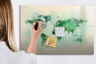Beschrijfbaar glazen magneetbord met aquarel wereldkaart design
