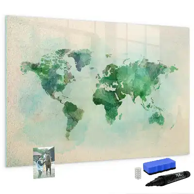 Beschrijfbaar glazen magneetbord met aquarel wereldkaart design