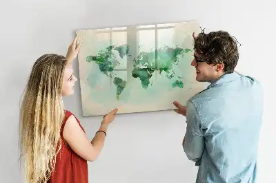 Beschrijfbaar glazen magneetbord met aquarel wereldkaart design