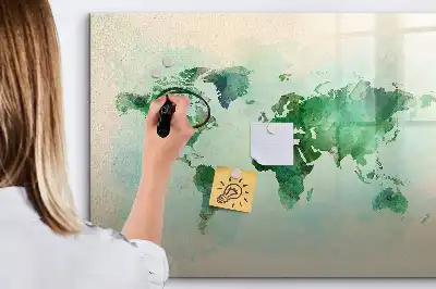 Beschrijfbaar glazen magneetbord met aquarel wereldkaart design