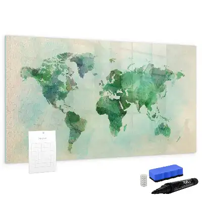 Beschrijfbaar glazen magneetbord met aquarel wereldkaart design