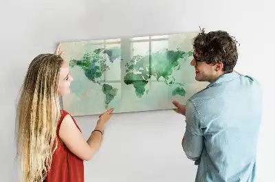 Beschrijfbaar glazen magneetbord met aquarel wereldkaart design