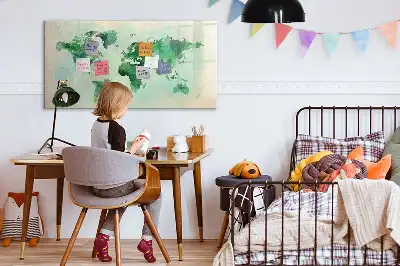 Beschrijfbaar glazen magneetbord met aquarel wereldkaart design