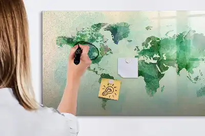 Beschrijfbaar glazen magneetbord met aquarel wereldkaart design