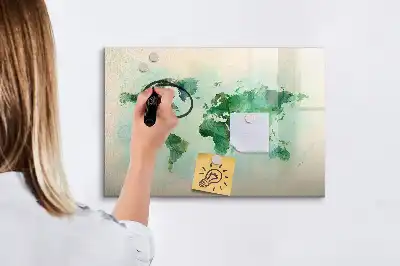Beschrijfbaar glazen magneetbord met aquarel wereldkaart design