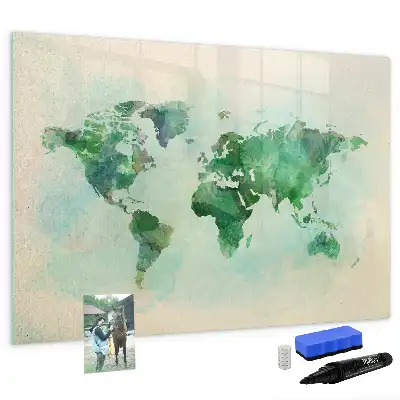 Beschrijfbaar glazen magneetbord met aquarel wereldkaart design