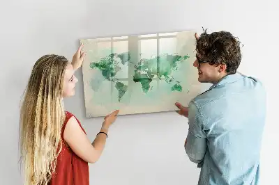 Beschrijfbaar glazen magneetbord met aquarel wereldkaart design