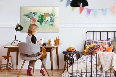 Beschrijfbaar glazen magneetbord met aquarel wereldkaart design