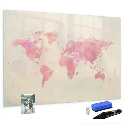 Magnetisch glazen schrijfbord met aquarel wereldkaart voor notities en foto's